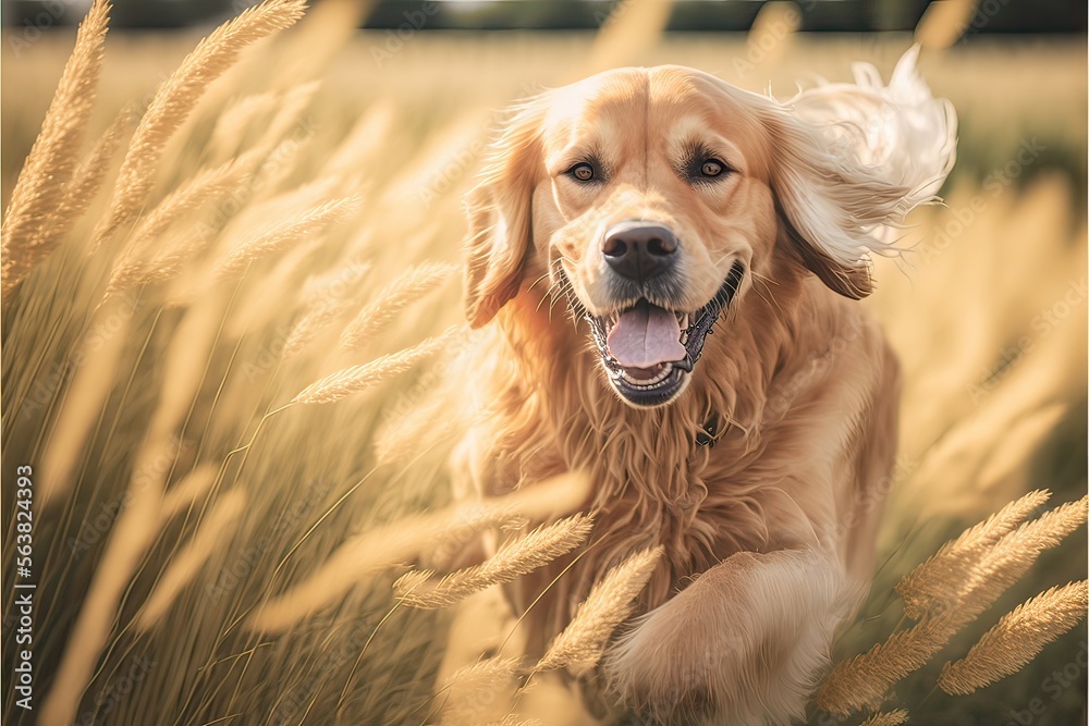Golden Retriever playing in a field, Pet walking (ai generated)