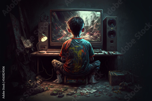 kid playing video games, game addiction concept
