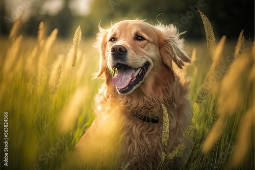 Golden Retriever playing in a field, Pet walking (ai generated)