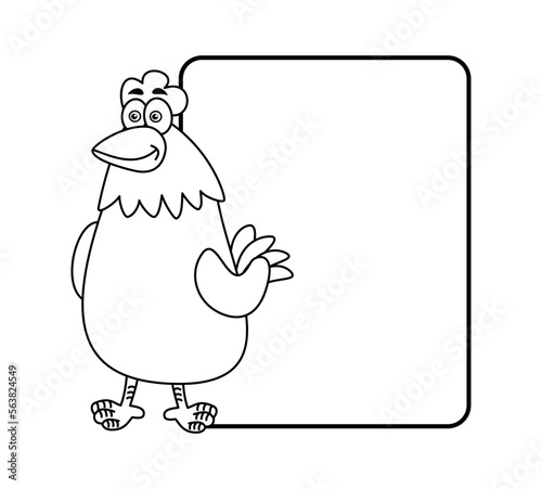 Illustration of a white and black farm hen with a billboard for coloring