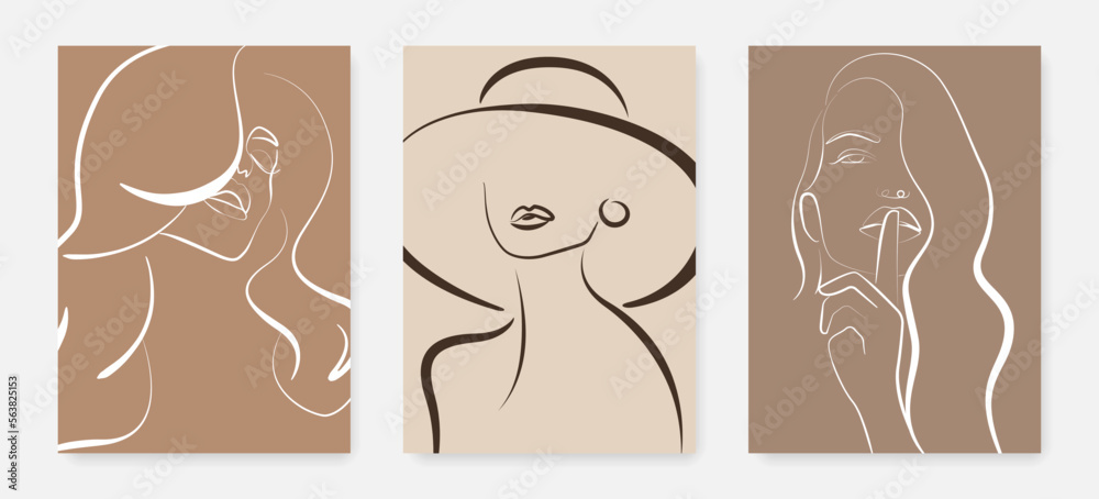 Line Art Prints Set of 3 Minimalist Beauty Elegant Female Faces. Line Drawing Art for Bedroom, Living Room and Office Wall Decor. Woman Face Hand Draw Line Art Vector Design in Minimalist Style.