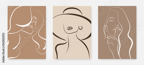 Line Art Prints Set of 3 Minimalist Beauty Elegant Female Faces. Line Drawing Art for Bedroom, Living Room and Office Wall Decor. Woman Face Hand Draw Line Art Vector Design in Minimalist Style.