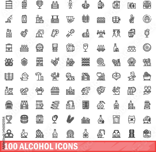 100 alcohol icons set. Outline illustration of 100 alcohol icons vector set isolated on white background