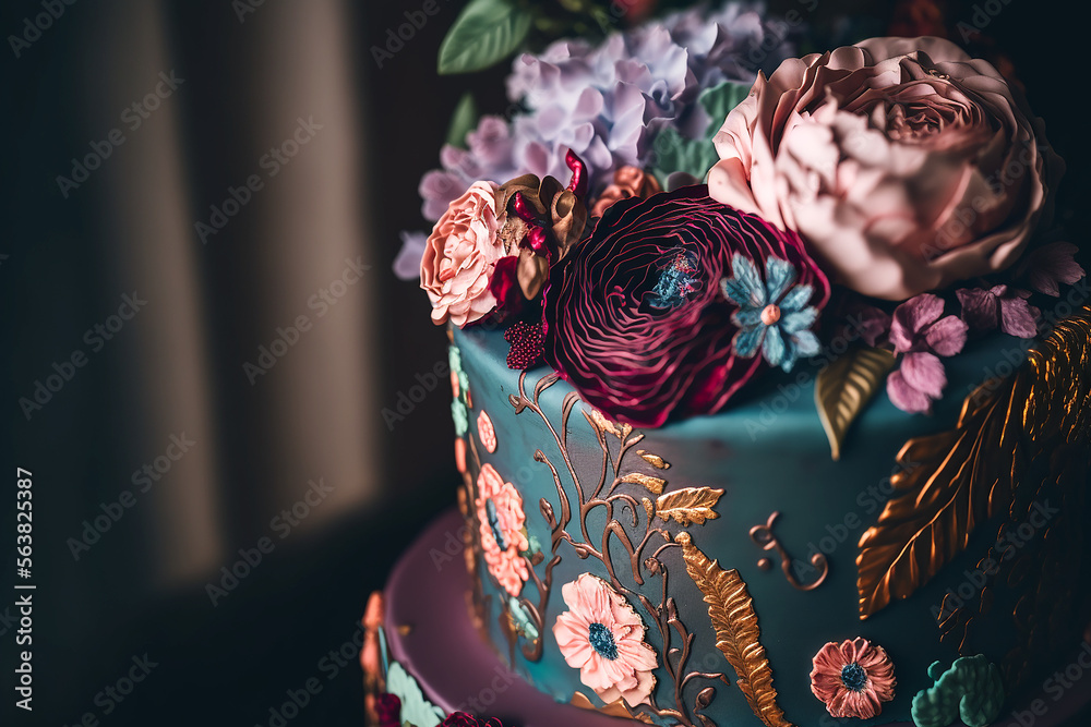 Close up of a colorful wedding cake generated with AI