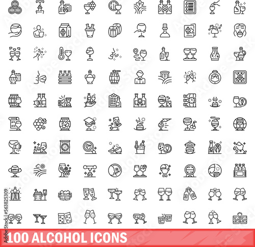100 alcohol icons set. Outline illustration of 100 alcohol icons vector set isolated on white background