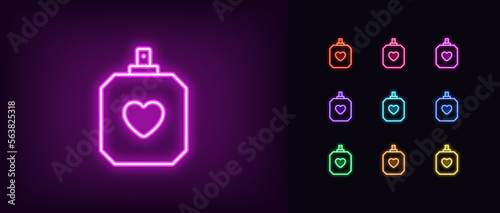 Outline neon perfume bottle icon set. Glowing neon parfum bottle frame with heart sign, love perfume pictogram. Favorite fragrance, aromatic water flacon, romantic flavor, aroma perfumery.