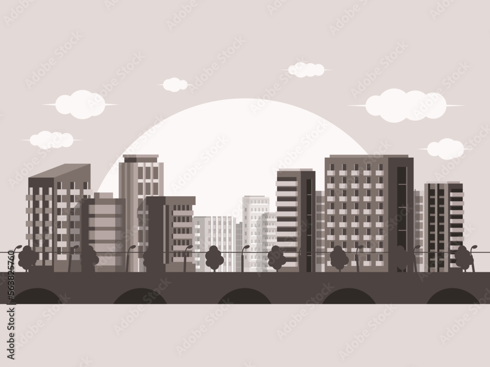 Bridge over the river on the modern cityscape background. Vector graphics