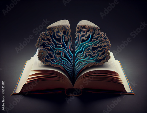 An open book revealing a brain, ideal for education and knowledge backgrounds, generative AI photo