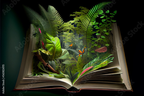 A tropical rainforest jungle appearing opening a book, generative AI