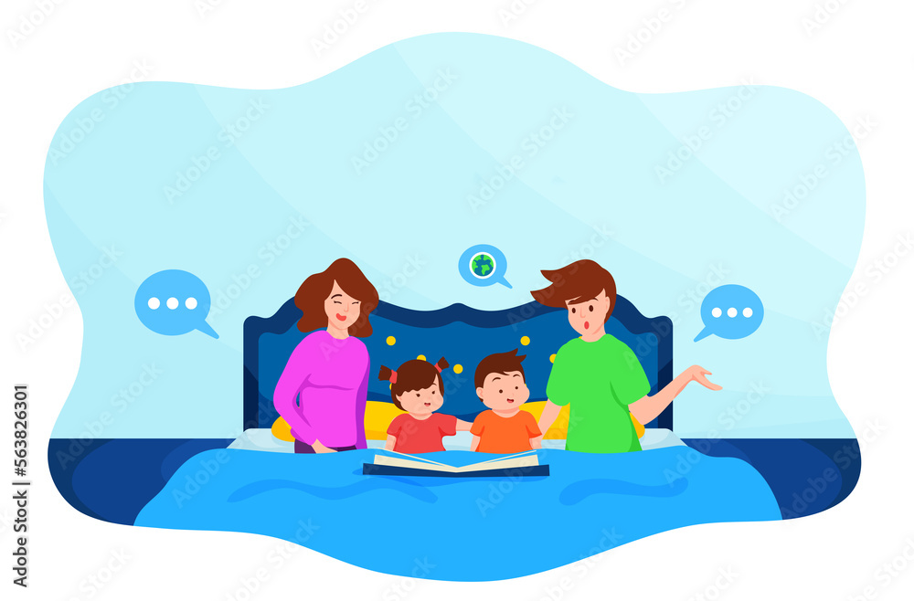 Father and Mother telling the story on book to daughter and son .sitting on bed together Father and Mother telling the story on book to daughter and son .sitting on bed together