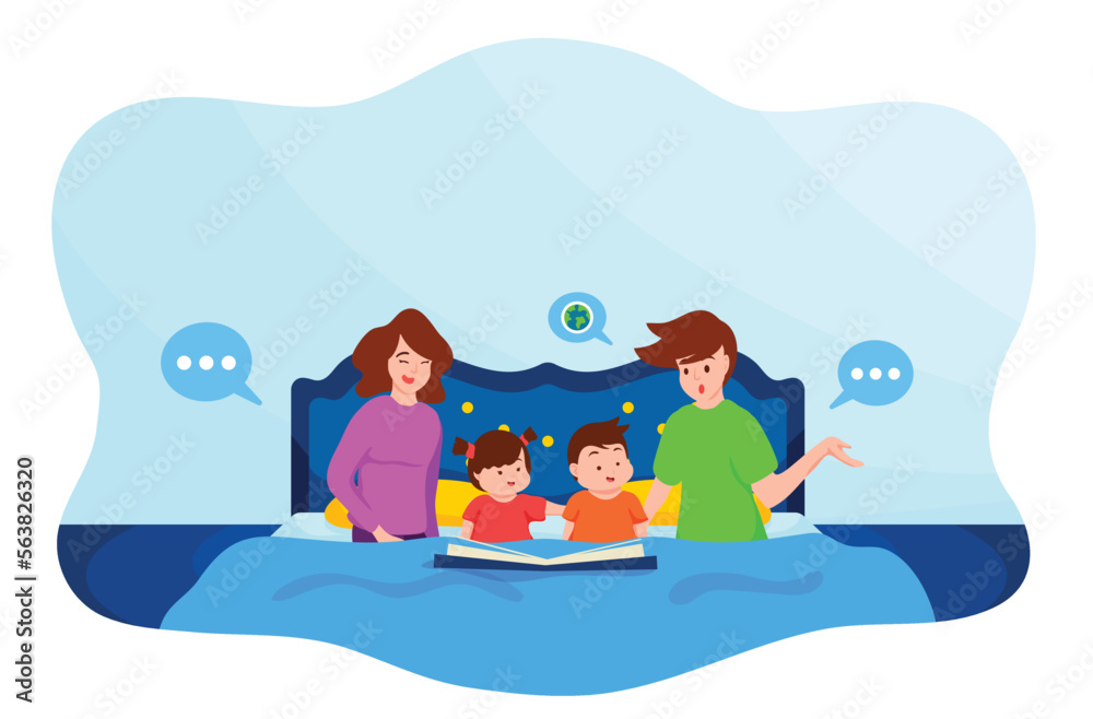 Father and Mother telling the story on book to daughter and son .sitting on bed together Father and Mother telling the story on book to daughter and son .sitting on bed together
