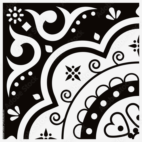 Mexican talavera tiles vector seamless pattern with single tile design in black and white, background inspired by folk art from Mexico
