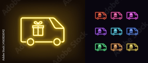 Outline neon delivery wagon icon set. Glowing neon minivan with gift box sign, order delivery pictogram. Auto courier shipment, distribution service, express shipping gifts.