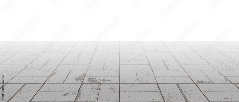 Vanishing perspective concrete crossed block pavement vector background with texture. Tile floor surface. City street road or walkway with grid stone pattern. Patio exterior. Panoramic landscape