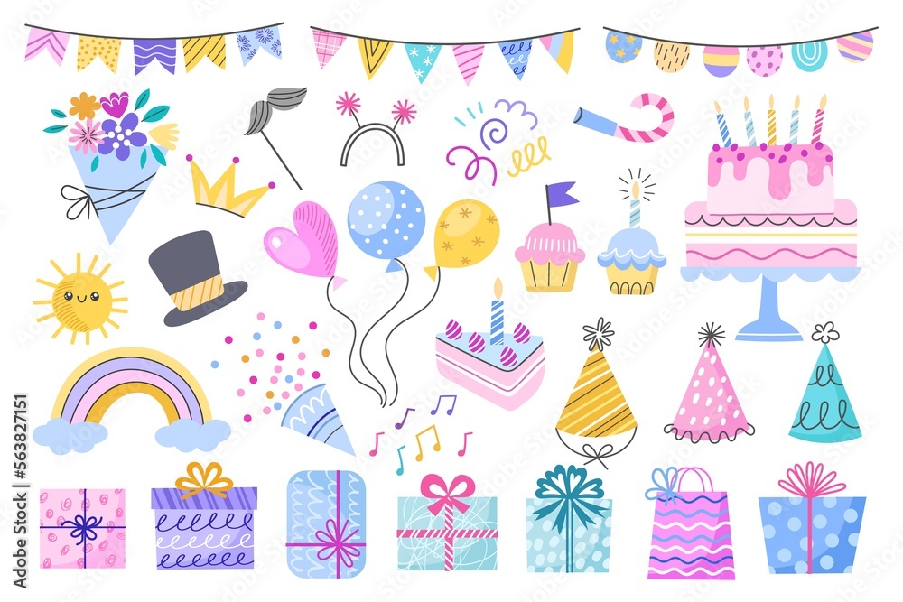 Birthday decorative elements. Different party objects, colorful holiday items, patterned wrapping paper, flowers, cake, garlands, vector set