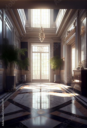 Stunning interior design  marble floor  High ceilings  High glass windows  Generative AI