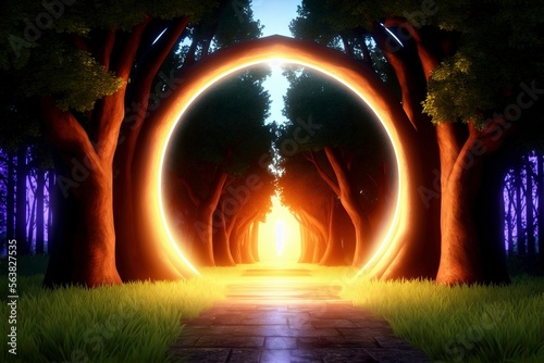 Beautiful open glowing portal between two trees into another world dimension  epic digital art illustration