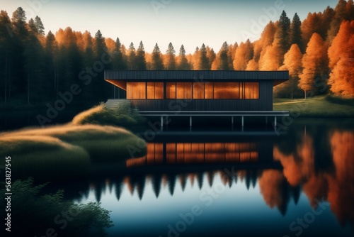 Canvas Print Illustration of a modern scandinavian house on a lake in the woods, with a footb