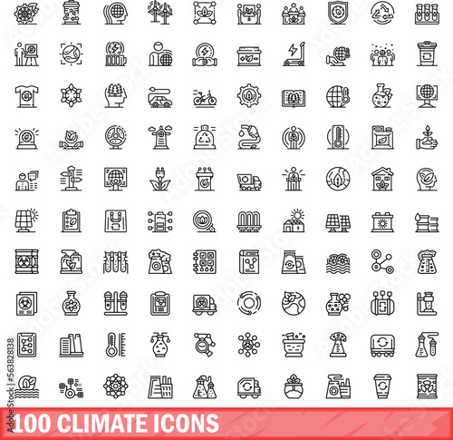 100 climate icons set. Outline illustration of 100 climate icons vector set isolated on white background