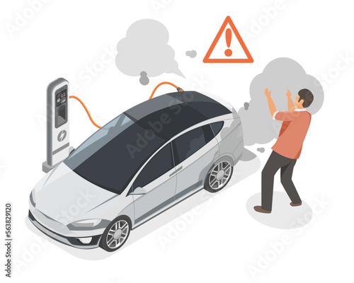 EV Electric Car Crash Circuit Failure Problem accident Charging Station Ecology refill Clean Power Battery smoke fire ecology zero emission Concept isometric isolated vector 
