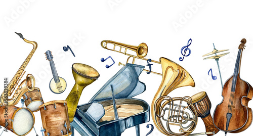 Φωτογραφία Board of jazz musical instruments watercolor illustration isolated on white