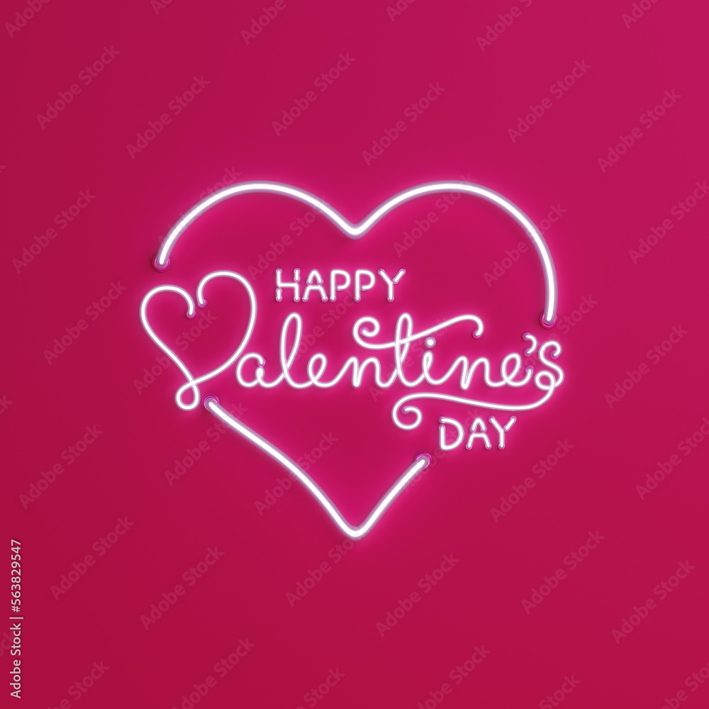 Happy Valentines day neon text background, 3d rendering illustration	