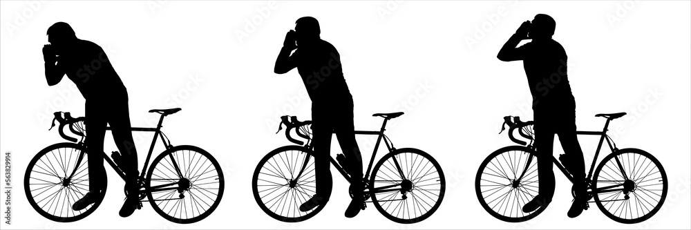 Fototapeta premium The cyclist holds on to the handlebars of the bicycle with one hand, the other hand near the face, calls for help, shouts into the distance, and bends forward with the body. Side view, profile.