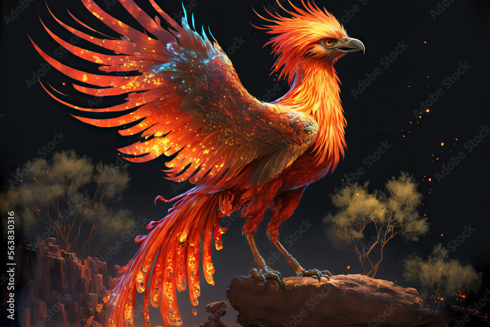Fototapeta premium fantasy phoenix fire bird standing on a rock, Generative AI