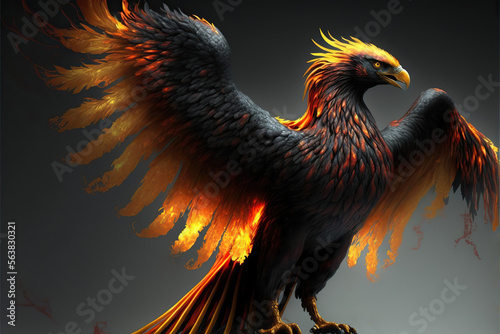 black phoenix fire bird with spread wings, Generative AI