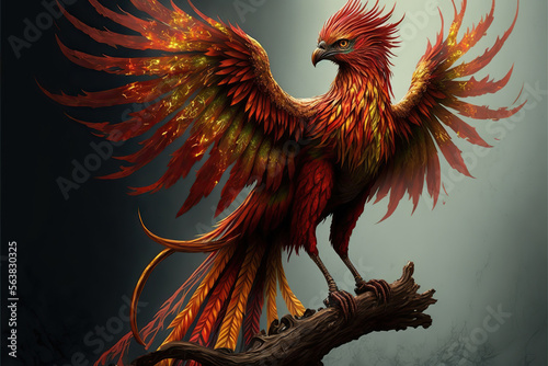 ancient phoenix fire bird with spread wings, Generative AI
