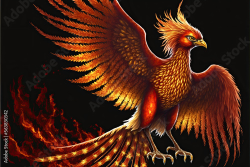 majestic phoenix fire bird with spread wings, burst into flames, Generative AI photo