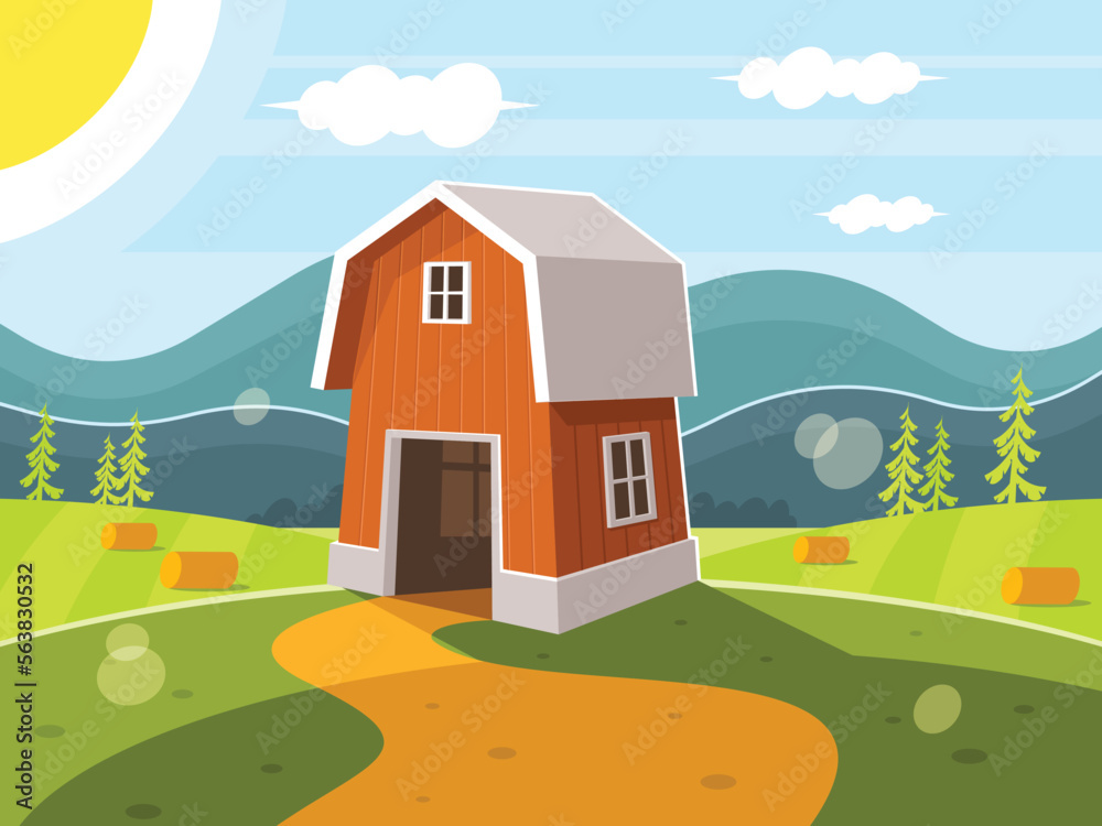 Red farm barn on mountain countryside landscape background. Vector graphics