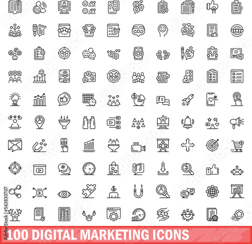 100 digital marketing icons set. Outline illustration of 100 digital marketing icons vector set isolated on white background