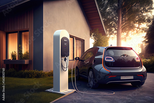 EV car with Electric charging station charger on build in wall at house. Technology and transportation concept. Generative AI