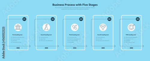 Simple infographic for business process - blue version. Creative diagram divided into five stages.