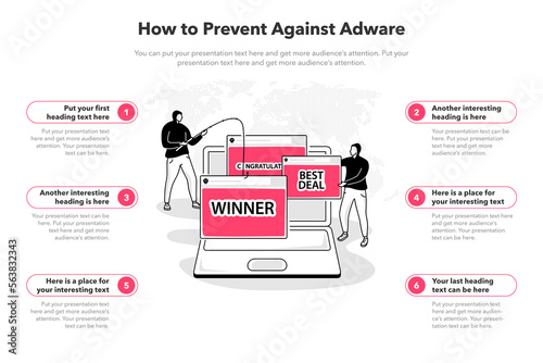 Simple infographic template for how to prevent against adware. 6 stages template with a laptop and and popup advertising windows as a main symbol.