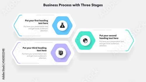 Modern infographic for business process with three colorful stages. Slide for business presentation.