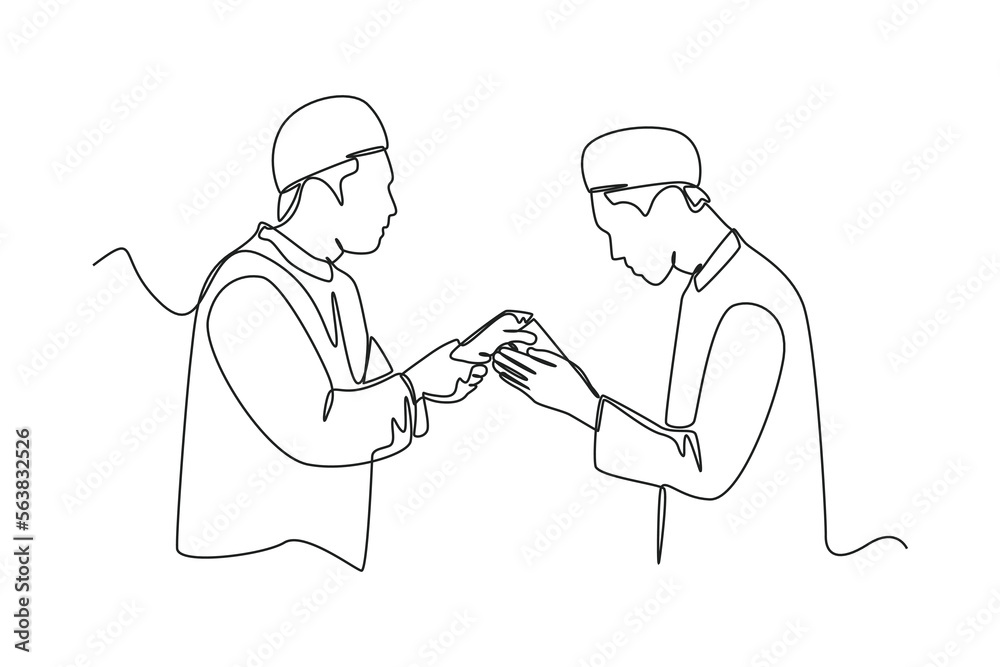 Single one line drawing a man giving alms to the other person. Ramadan activity Concept. Continuous line draw design graphic vector illustration.