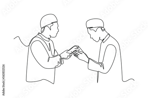 Single one line drawing a man giving alms to the other person. Ramadan activity Concept. Continuous line draw design graphic vector illustration.