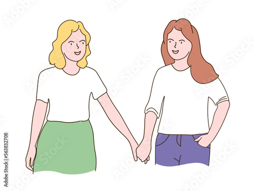 A young couple of girls hugging, looking at each other. Two lesbians in love with each other, holding hands. The concept of homosexuality, equality of rights. Vector line graphics, freehand drawing.