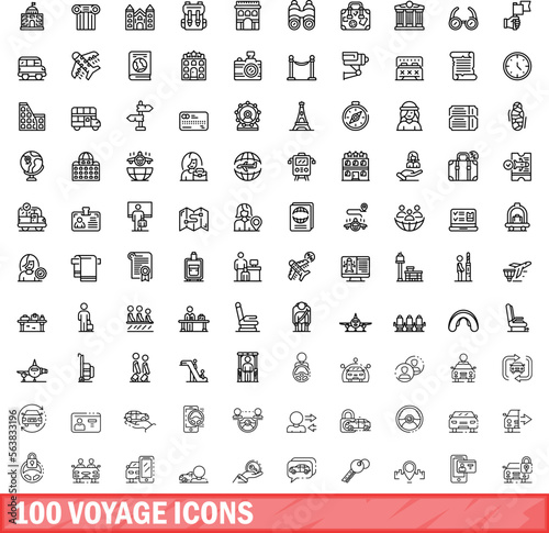100 voyage icons set. Outline illustration of 100 voyage icons vector set isolated on white background