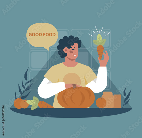 Healthy lifestyle concept. Fresh diet as daily routine. Character eat healthy