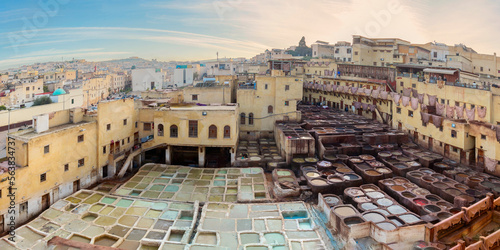 Panoramic view of Traditional tannery in ancient medina of Fez, Morocco photo