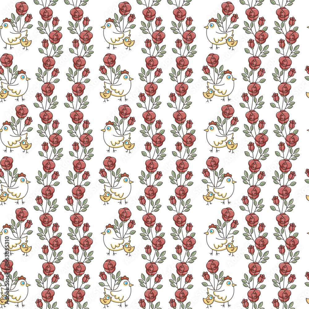 Ornament with roses. Seamless pattern with hen, chick and rose. Cute retro wallpaper. Drawing for fabric. Wall decoration, red rose, gift wrapping.