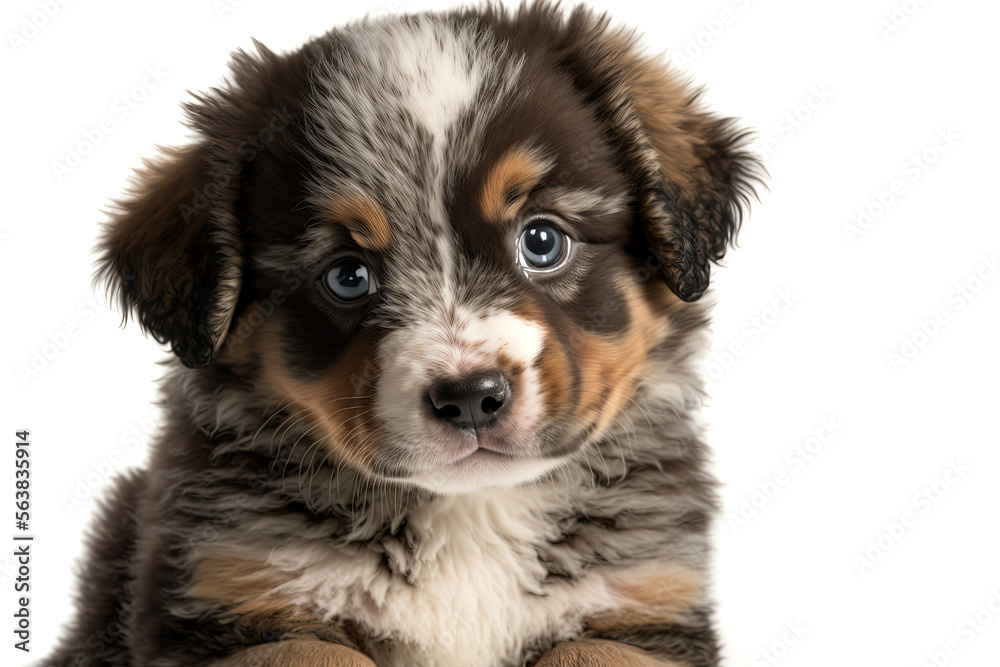 Australian Aussie Shepherd. Mini American Shepherd Puppy. Cute puppy sit and looking. Portrait close-up of a white dog isolated on a white background. Digital Art Painting Australian Aussie Shepherd. Mini American Shepherd Puppy. Cute puppy sit and looking. Portrait close-up of a white dog isolated on a white background. Digital Art Painting