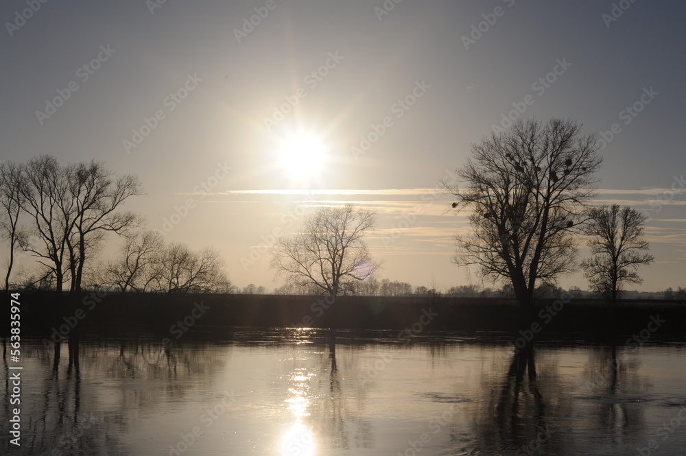 River banks with trees at twilight during a day with blue sky in Europe