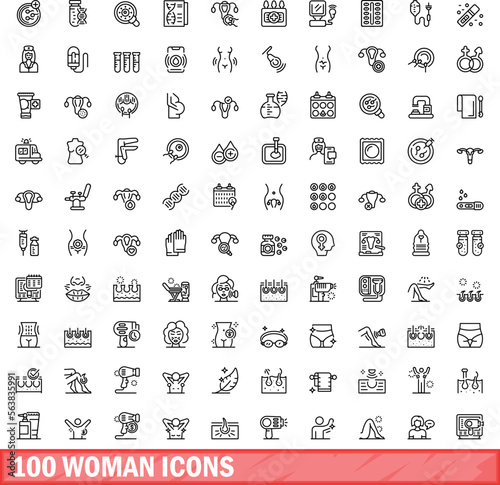100 woman icons set. Outline illustration of 100 woman icons vector set isolated on white background