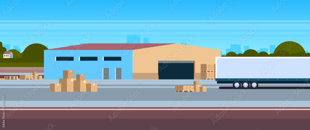 Unloading or loading semi trailer outdoor warehouse and international delivery horizontal banner concept flat vector illustration.