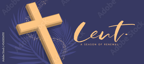 Lent a season of renewal - 3D Gold Cross crucifix with line star wink roll around on palm leaves texture purple background vector design