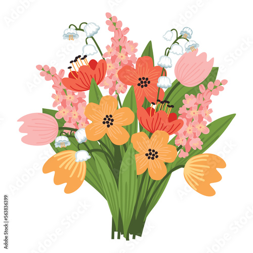 Colorful bouquet of spring flowers. Tulips and hyacinth. Red, pink, yellow and green colors.Vector floral clip art on white background.Print on fabric and paper.Hand drawn isolated illustration.